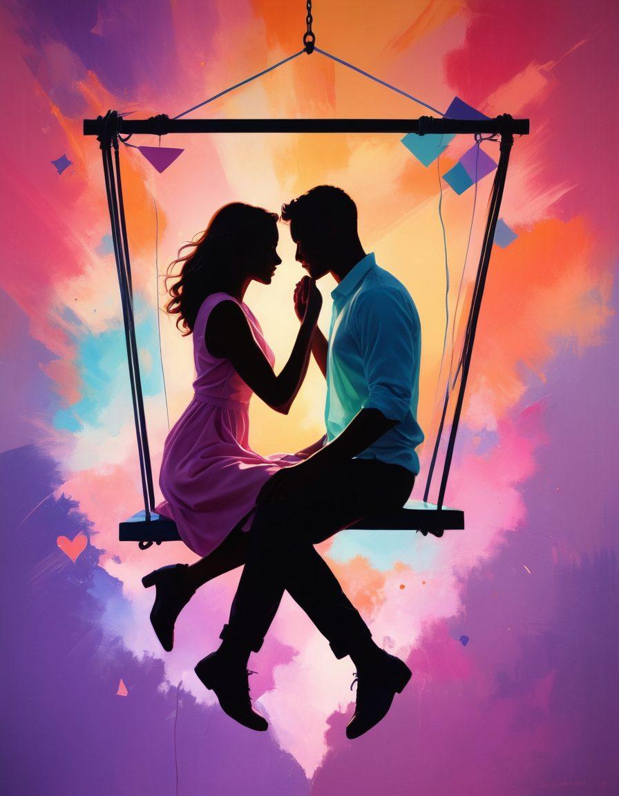 A vibrant and abstract representation of intertwined hearts and geometric shapes, symbolizing connection and exploration in love. Include soft pastel colors alongside bold, dynamic shades to evoke a sense of passion and adventure. Overlay silhouettes of couples enjoying intimate moments in various swing-like settings. ethereal light effects and a dreamy atmosphere enhance the sense of new dimensions. painting. vibrant colors. super-realistic.