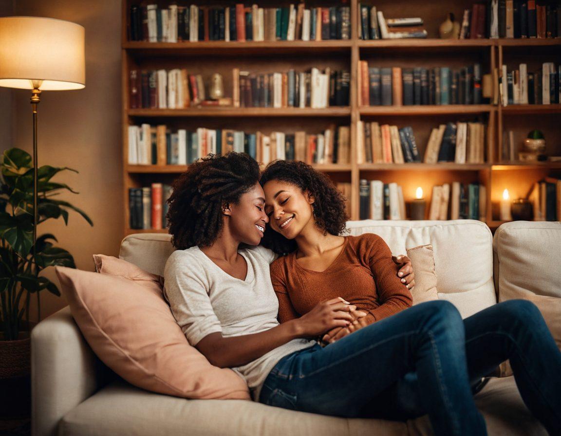 A warm and inviting scene depicting a diverse couple sharing a moment of connection on a cozy couch, surrounded by soft lighting and tasteful decor. Include elements that symbolize emotional intimacy, such as a heart-shaped decorative piece and intertwined hands. The background features a bookshelf filled with relationship books, with soft textures and warm colors to evoke a sense of comfort and openness. super-realistic. warm tones. cozy atmosphere.
